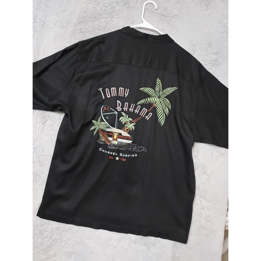 Tommy Bahama Shirt Mens Large Channel Surfing Silk Beach Embroidered Black Palm